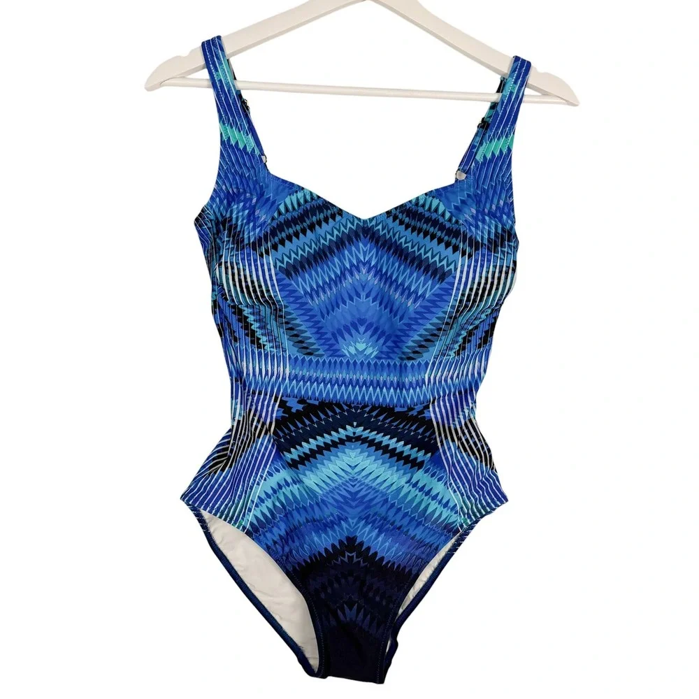 Gottex One Piece Swimsuit 8 Blue Geometric Chevron Sweetheart Padded‎ Designer